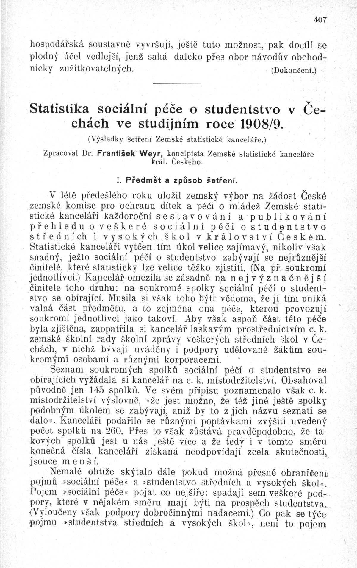 Statistika sociální péče o studentstvo v Čechách ve studijním roce 1908/09